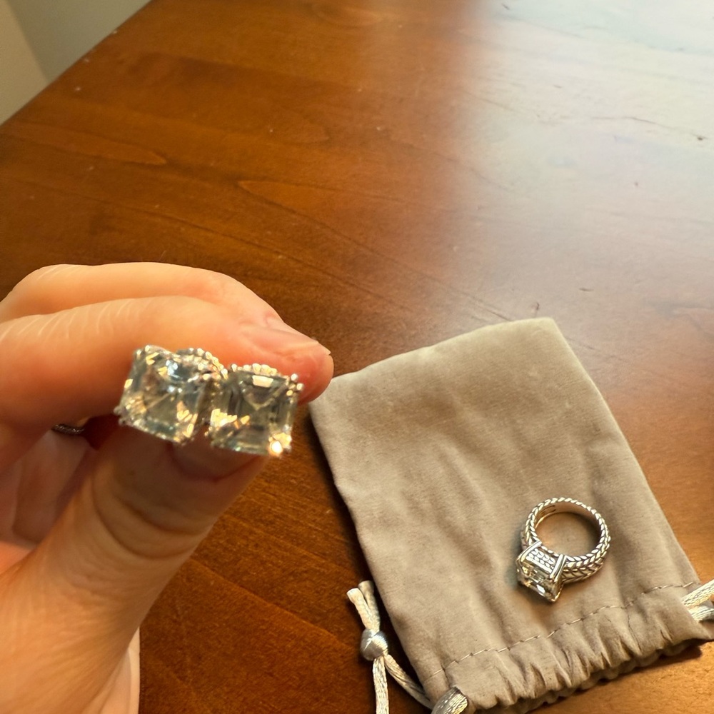 JAI Sterling Silver Asscher Cut White Topaz Ring, sz 5, and Earrings like New - Picture 9 of 12